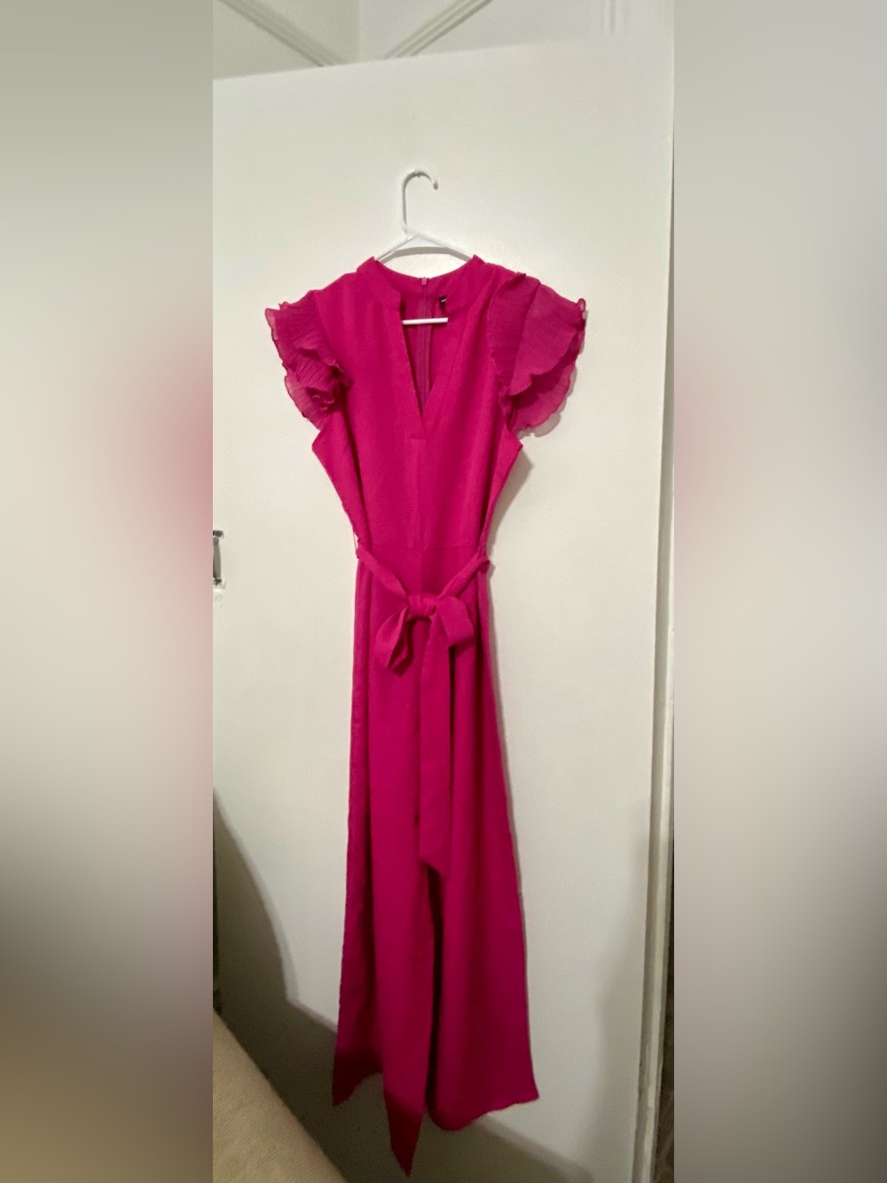 SHEIN Fuchsia Ruffle Sleeve Belted Jumpsuit